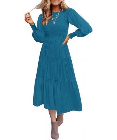 Women's Summer Casual Midi Maxi Dress Boho Flutter Sleeve Crew Neck Smocked Elastic Waist Tiered A-Line Beach Dress Long Slee...