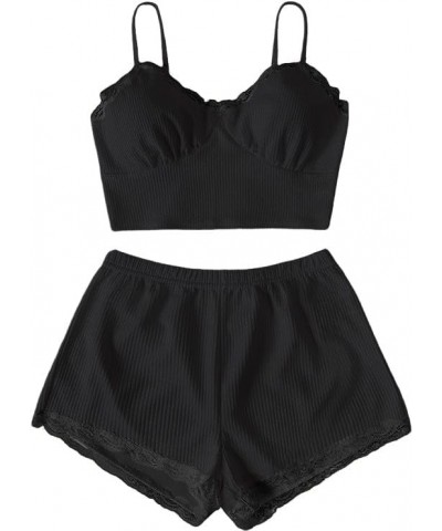 Women's 2 Piece Sleepwear Lace Trim Ribbed Crop Cami Top and Shorts Pajama Set Black $11.00 Sleep & Lounge