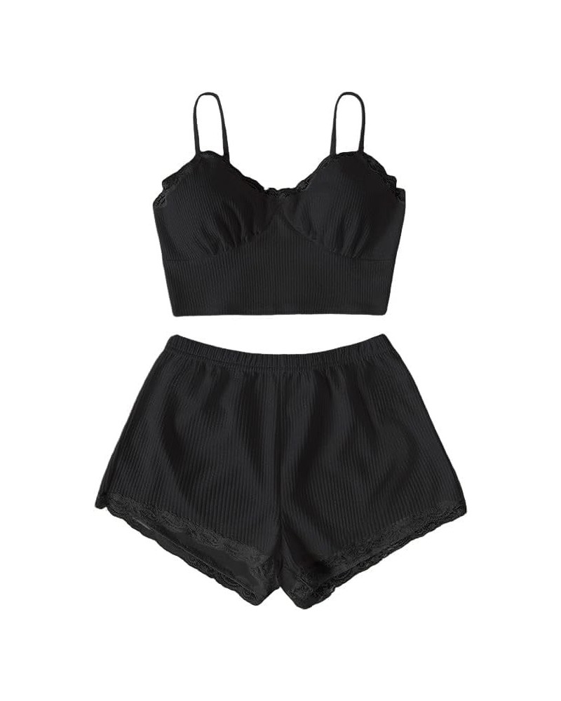 Women's 2 Piece Sleepwear Lace Trim Ribbed Crop Cami Top and Shorts Pajama Set Black $11.00 Sleep & Lounge