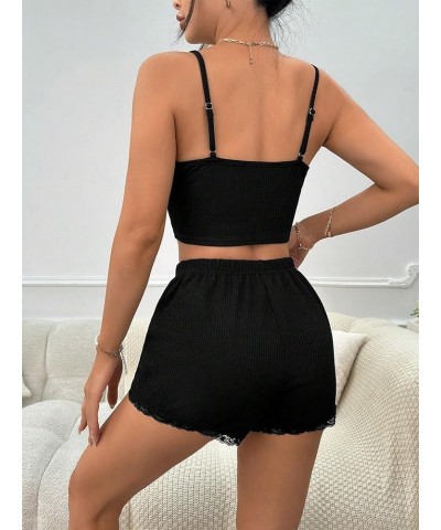 Women's 2 Piece Sleepwear Lace Trim Ribbed Crop Cami Top and Shorts Pajama Set Black $11.00 Sleep & Lounge