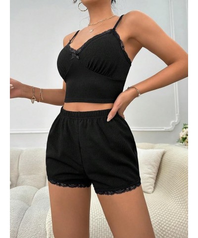 Women's 2 Piece Sleepwear Lace Trim Ribbed Crop Cami Top and Shorts Pajama Set Black $11.00 Sleep & Lounge