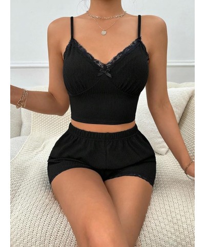 Women's 2 Piece Sleepwear Lace Trim Ribbed Crop Cami Top and Shorts Pajama Set Black $11.00 Sleep & Lounge