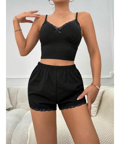 Women's 2 Piece Sleepwear Lace Trim Ribbed Crop Cami Top and Shorts Pajama Set Black $11.00 Sleep & Lounge