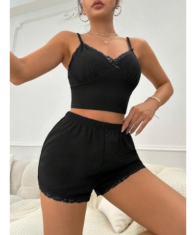 Women's 2 Piece Sleepwear Lace Trim Ribbed Crop Cami Top and Shorts Pajama Set Black $11.00 Sleep & Lounge