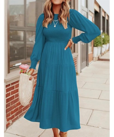 Women's Summer Casual Midi Maxi Dress Boho Flutter Sleeve Crew Neck Smocked Elastic Waist Tiered A-Line Beach Dress Long Slee...