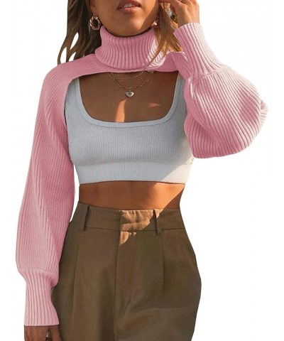 Women's Turtleneck Shrug Sweater Long Sleeve High Neck Cutout Knitted Arm Warmer Cropped Sweaters Pink $15.65 Sweaters