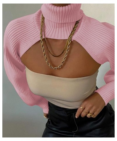 Women's Turtleneck Shrug Sweater Long Sleeve High Neck Cutout Knitted Arm Warmer Cropped Sweaters Pink $15.65 Sweaters