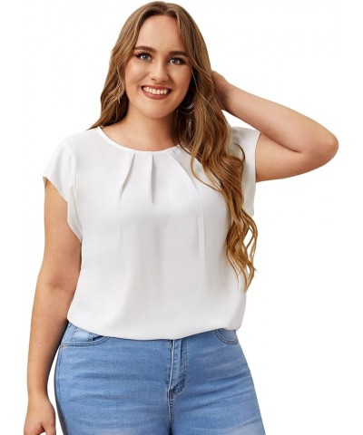 Women's Plus Size Pleated Top Crew Neck Cap Sleeve Office Work Blouse Shirt White $13.05 Blouses