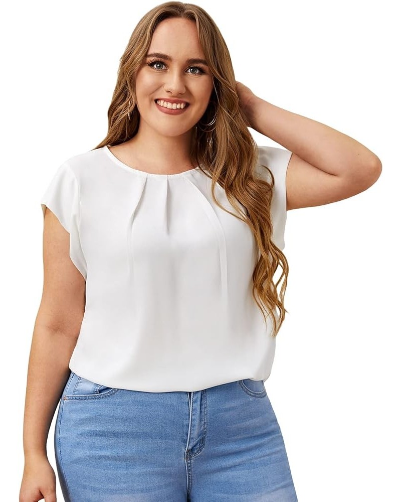 Women's Plus Size Pleated Top Crew Neck Cap Sleeve Office Work Blouse Shirt White $13.05 Blouses