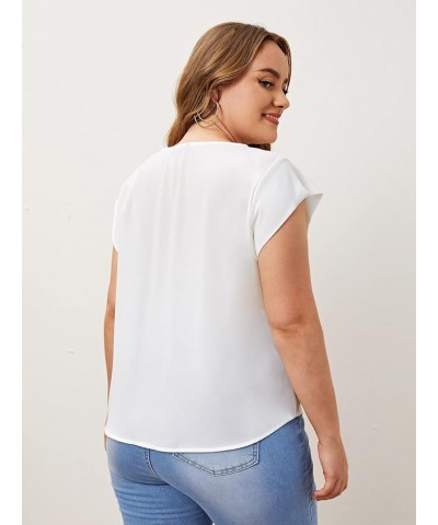 Women's Plus Size Pleated Top Crew Neck Cap Sleeve Office Work Blouse Shirt White $13.05 Blouses