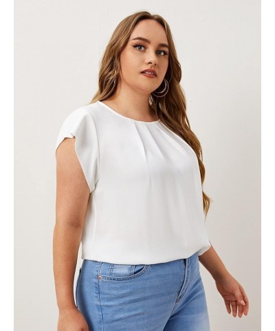 Women's Plus Size Pleated Top Crew Neck Cap Sleeve Office Work Blouse Shirt White $13.05 Blouses