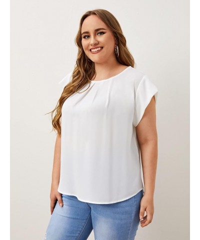 Women's Plus Size Pleated Top Crew Neck Cap Sleeve Office Work Blouse Shirt White $13.05 Blouses