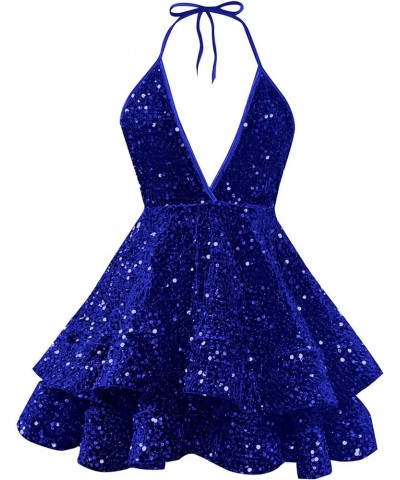 Women's Sequin Homecoming Dresses for Teens Sparkly Short Halter Tiered Prom Dress Royal Blue $30.24 Dresses