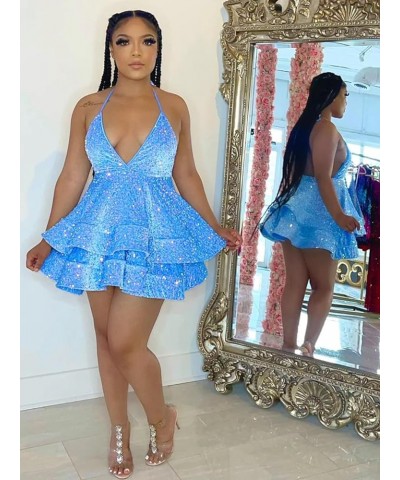 Women's Sequin Homecoming Dresses for Teens Sparkly Short Halter Tiered Prom Dress Royal Blue $30.24 Dresses