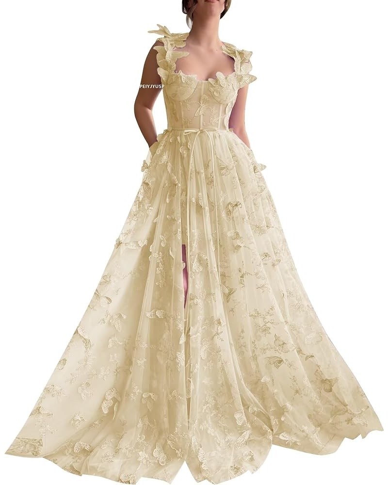 3D Butterfly Tulle Prom Dresses for Women 2024 Lace Applique Princess Prom Dress Long Ball Gown with Slit Champagne $34.44 Dr...