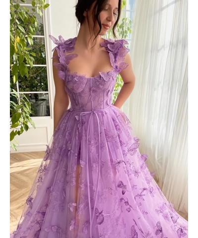 3D Butterfly Tulle Prom Dresses for Women 2024 Lace Applique Princess Prom Dress Long Ball Gown with Slit Champagne $34.44 Dr...