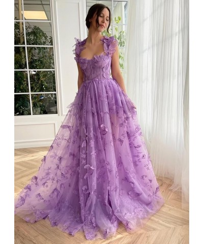 3D Butterfly Tulle Prom Dresses for Women 2024 Lace Applique Princess Prom Dress Long Ball Gown with Slit Champagne $34.44 Dr...