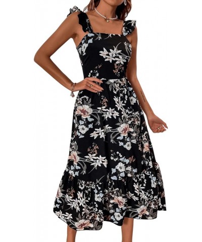 Women's Sleeveless Tie Back Dress Floral Print Ruffle Hem Flare Midi Dresses Black $15.89 Dresses