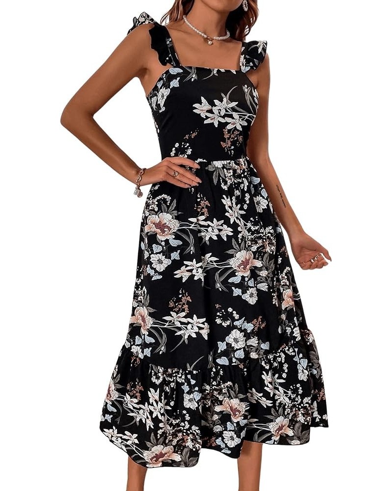 Women's Sleeveless Tie Back Dress Floral Print Ruffle Hem Flare Midi Dresses Black $15.89 Dresses