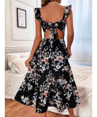 Women's Sleeveless Tie Back Dress Floral Print Ruffle Hem Flare Midi Dresses Black $15.89 Dresses