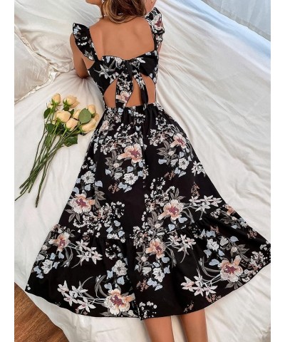 Women's Sleeveless Tie Back Dress Floral Print Ruffle Hem Flare Midi Dresses Black $15.89 Dresses