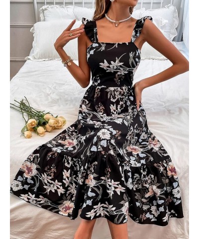 Women's Sleeveless Tie Back Dress Floral Print Ruffle Hem Flare Midi Dresses Black $15.89 Dresses