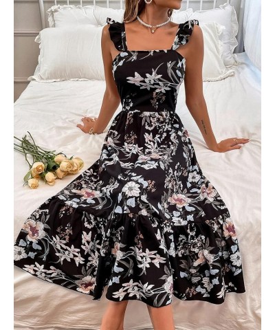 Women's Sleeveless Tie Back Dress Floral Print Ruffle Hem Flare Midi Dresses Black $15.89 Dresses