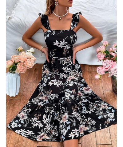 Women's Sleeveless Tie Back Dress Floral Print Ruffle Hem Flare Midi Dresses Black $15.89 Dresses