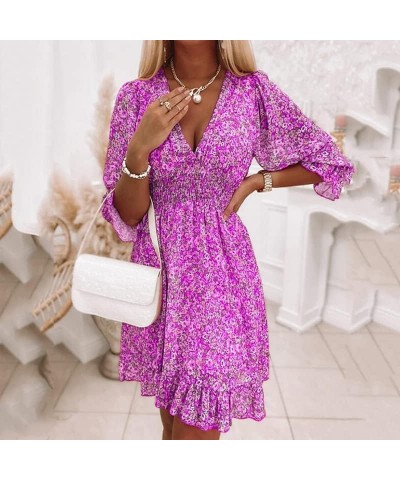 Summer Ladies Deep V Neck Bohemian Floral Print Dress Casual 3/4 Long Sleeve Ruffled Belted Waist Hem Mini Skirt Purple $14.8...