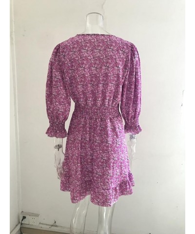 Summer Ladies Deep V Neck Bohemian Floral Print Dress Casual 3/4 Long Sleeve Ruffled Belted Waist Hem Mini Skirt Purple $14.8...