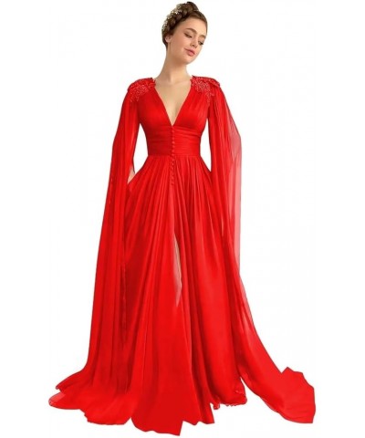 Women's Tulle Prom Dresses with Cape V Neck Lace Applique Ball Gowns Long Slit Formal Evening Dresses with Pockets Red $39.74...