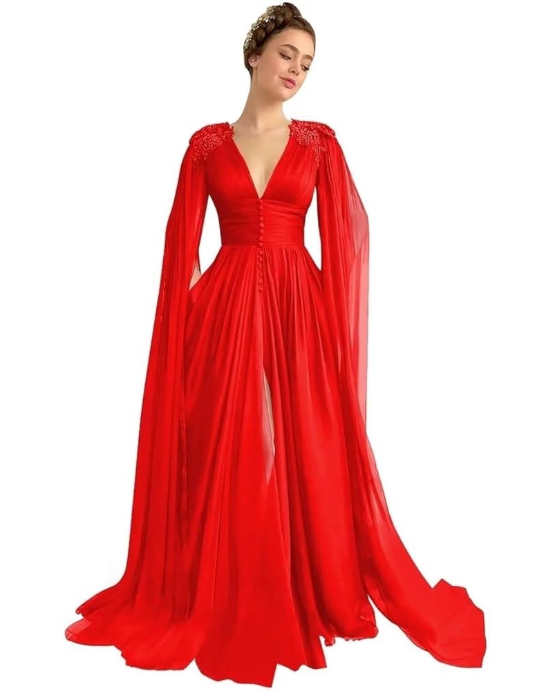 Women's Tulle Prom Dresses with Cape V Neck Lace Applique Ball Gowns Long Slit Formal Evening Dresses with Pockets Red $39.74...