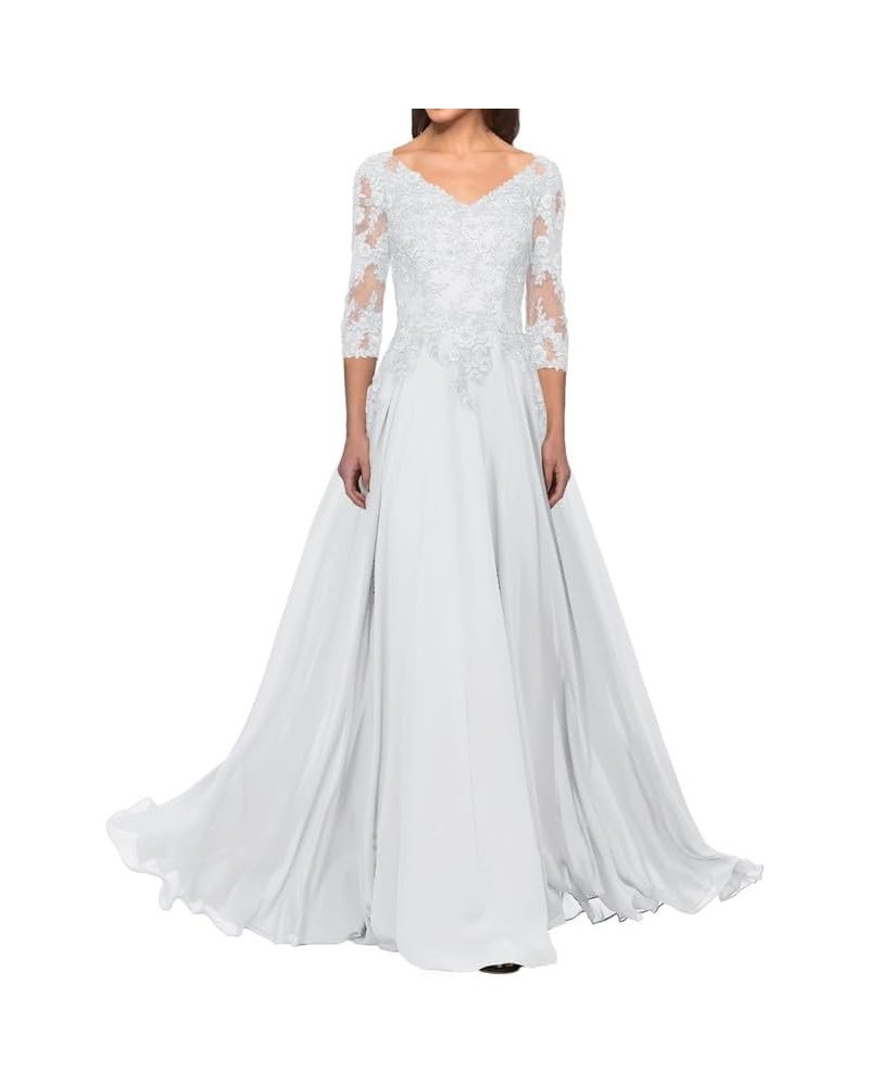 Mother of The Bride Dresses Long Lace Evening Dress V Neck Chiffon Formal Gowns with Sleeves White $31.50 Dresses