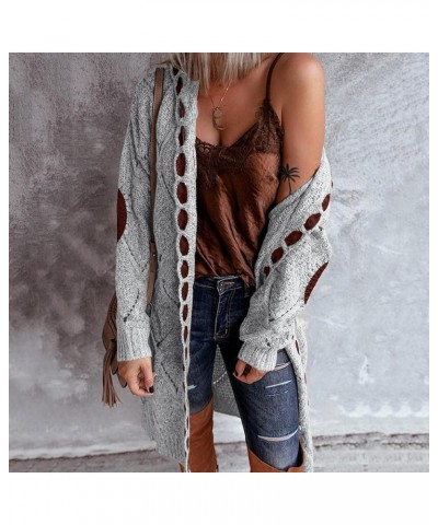 Cardigans Plus Size Women Chunky Hooded Cardigan Sweater Oversized Cable Knit Open Front Patchs Long Coat Grey $11.85 Sweaters