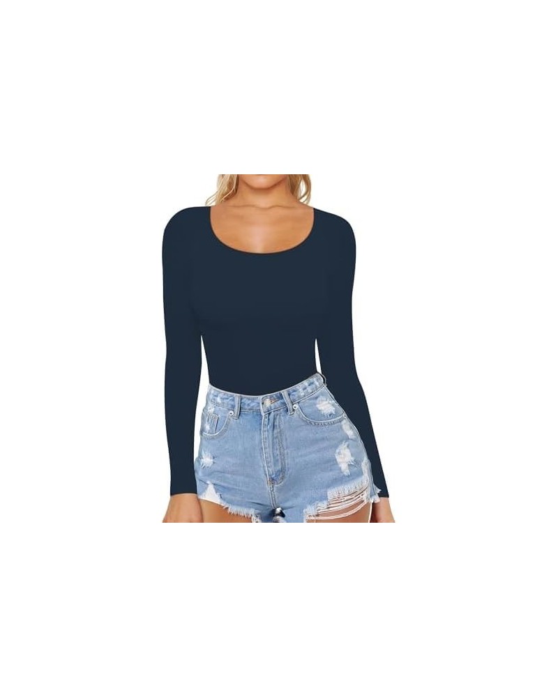 Womens Long Sleeve Shirts Scoop Neck Casual Fitted Basic Tee Tops Navy Blue $12.00 T-Shirts