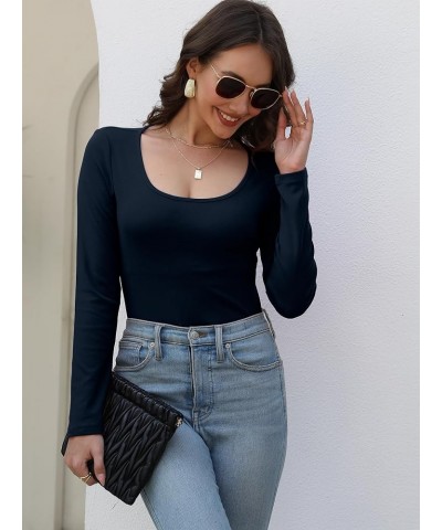 Womens Long Sleeve Shirts Scoop Neck Casual Fitted Basic Tee Tops Navy Blue $12.00 T-Shirts