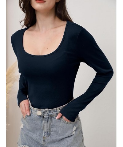 Womens Long Sleeve Shirts Scoop Neck Casual Fitted Basic Tee Tops Navy Blue $12.00 T-Shirts