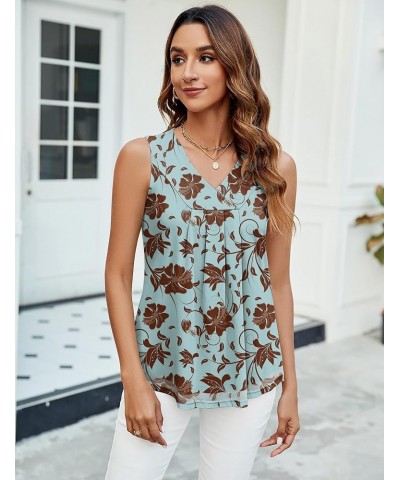 Womens Tank Tops V Neck Sleeveless Summer Tops Double Layer Pleated Tunic Tops Grey Blue Floral $13.99 Tanks