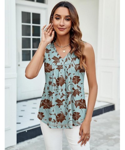 Womens Tank Tops V Neck Sleeveless Summer Tops Double Layer Pleated Tunic Tops Grey Blue Floral $13.99 Tanks