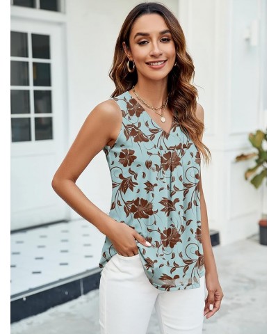 Womens Tank Tops V Neck Sleeveless Summer Tops Double Layer Pleated Tunic Tops Grey Blue Floral $13.99 Tanks