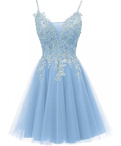 Lace Appliques Tulle Short Homecoming Dresses Spaghetti Straps Prom Dress Beading Cocktail Dress Sky Blue $38.15 Dresses