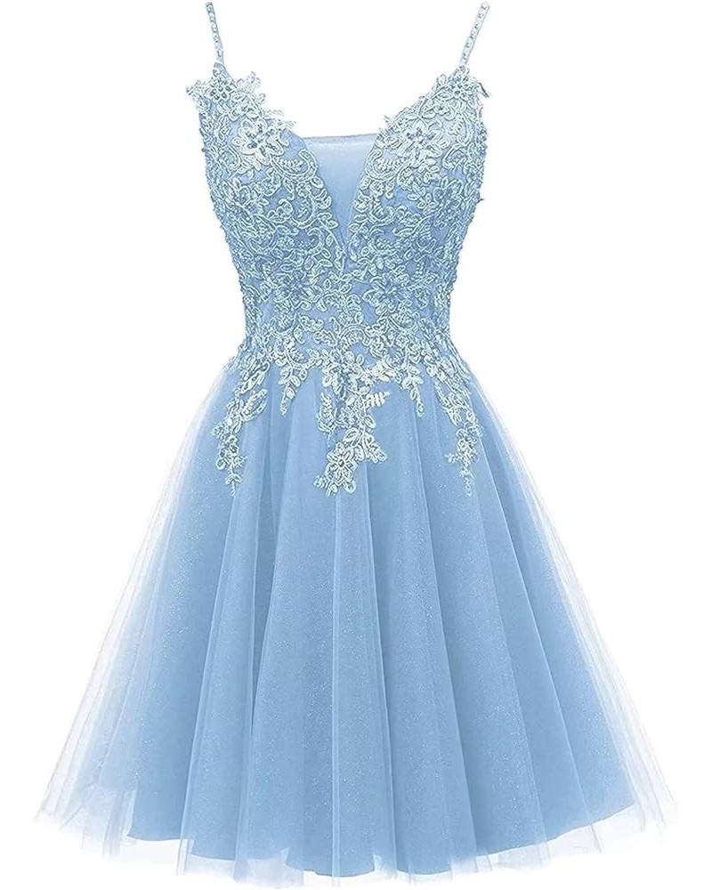 Lace Appliques Tulle Short Homecoming Dresses Spaghetti Straps Prom Dress Beading Cocktail Dress Sky Blue $38.15 Dresses