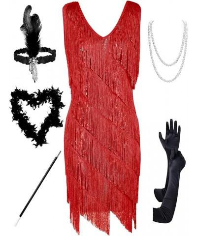 Women's Flapper Dress Sequined Fringe 1920s Gatsby Party Cocktail Dresses Red With Accessories $32.66 Dresses