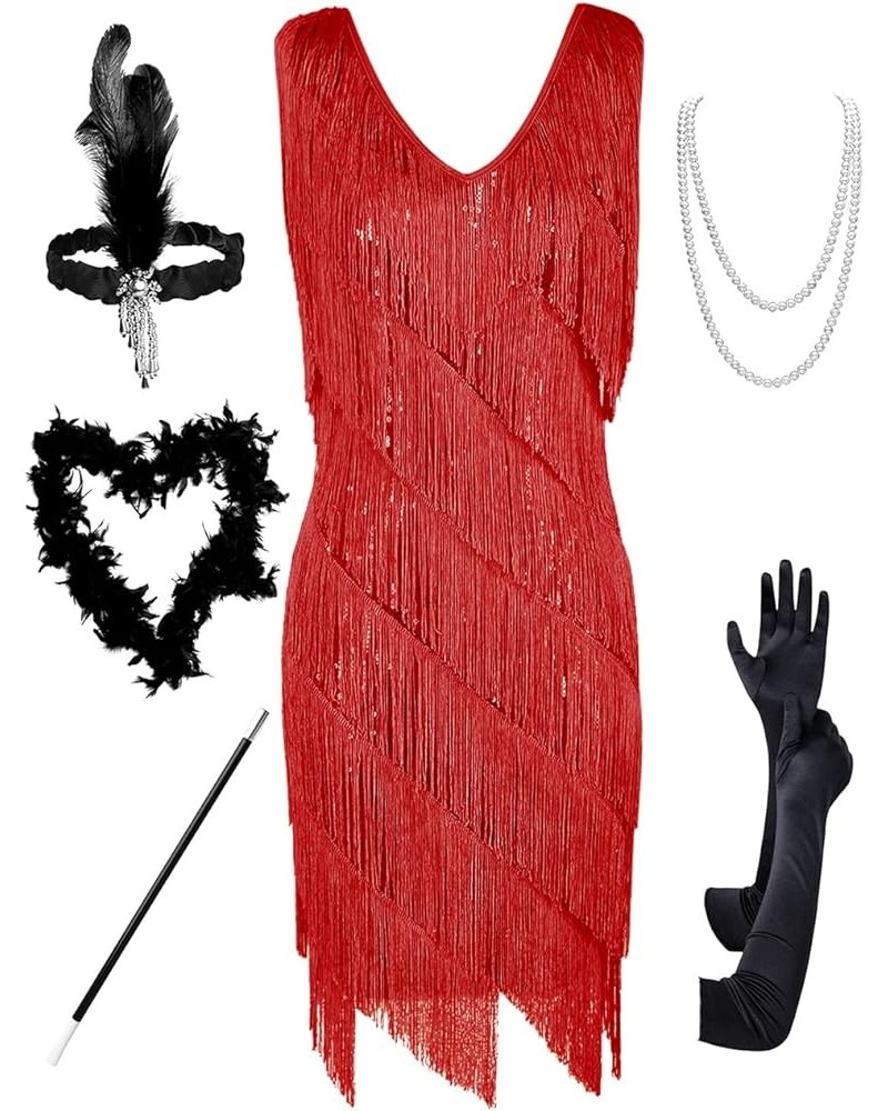 Women's Flapper Dress Sequined Fringe 1920s Gatsby Party Cocktail Dresses Red With Accessories $32.66 Dresses