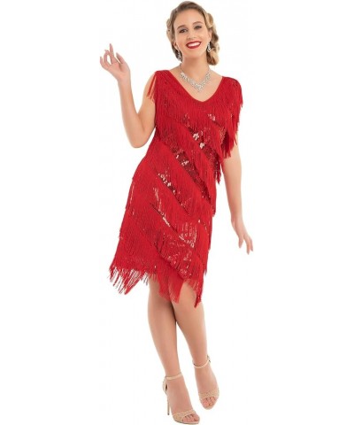 Women's Flapper Dress Sequined Fringe 1920s Gatsby Party Cocktail Dresses Red With Accessories $32.66 Dresses