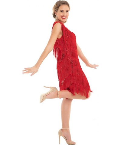 Women's Flapper Dress Sequined Fringe 1920s Gatsby Party Cocktail Dresses Red With Accessories $32.66 Dresses