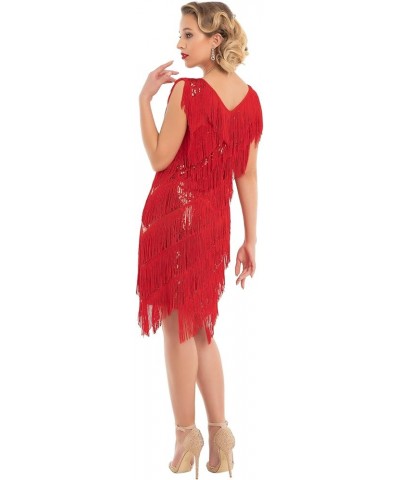 Women's Flapper Dress Sequined Fringe 1920s Gatsby Party Cocktail Dresses Red With Accessories $32.66 Dresses