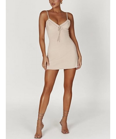 Women Graduation Dress Spaghetti Straps Sleeveless Short Dresses Y2k Low Cut Bodycon Going Out A-Line Mini Dress E Beige $10....