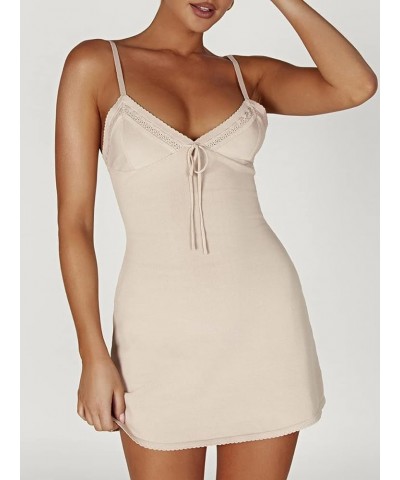 Women Graduation Dress Spaghetti Straps Sleeveless Short Dresses Y2k Low Cut Bodycon Going Out A-Line Mini Dress E Beige $10....