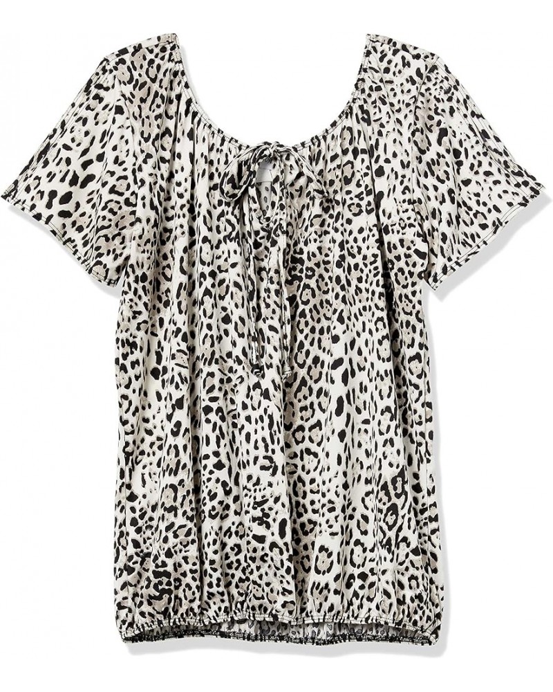 Women's Plus Size Short Slit Sleeve Keyhole-tie Peasant Top Grey Cheetah $13.81 Blouses